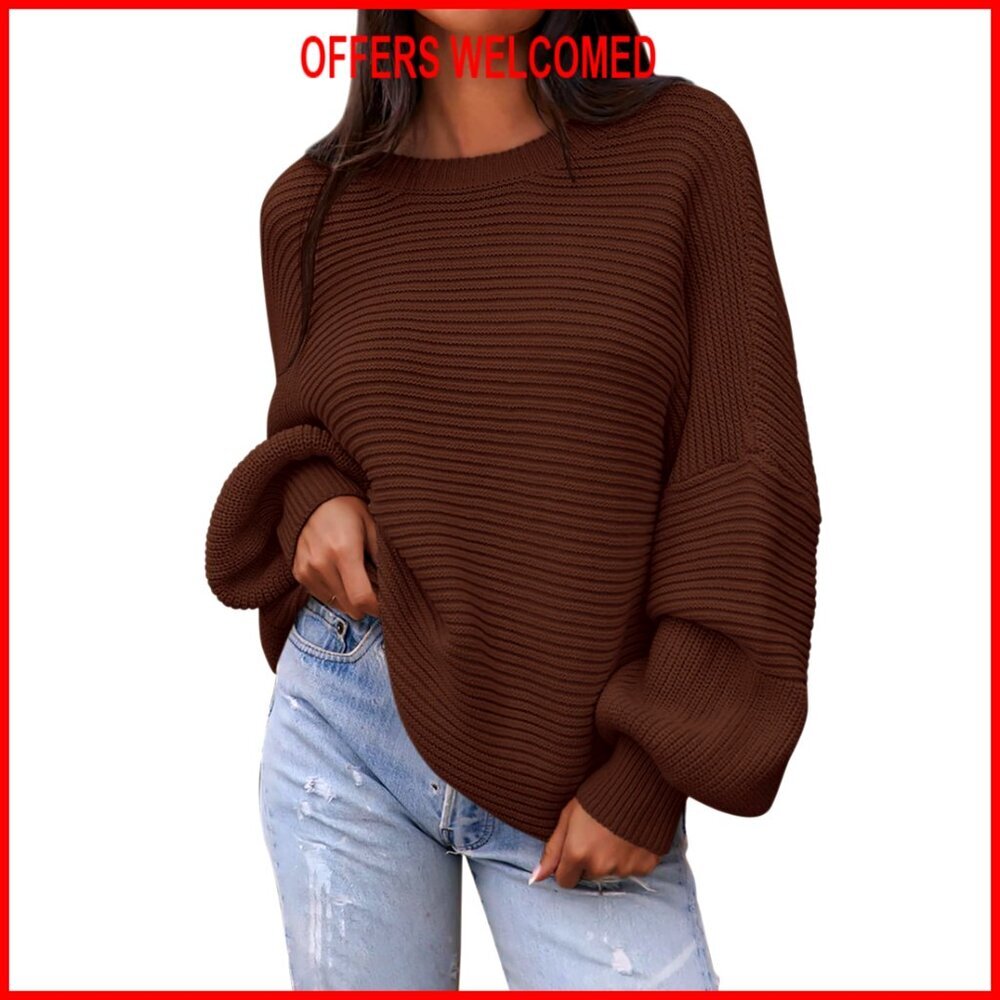 Lantern Sleeve Oversized Chunky Knit Ribbed Pullover Sweater
